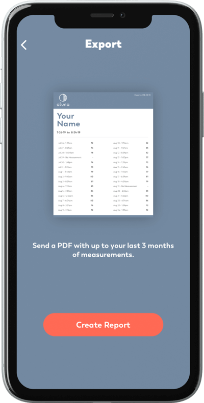 Screenshot of the export function in the app, showing the ability to share data and create reports.